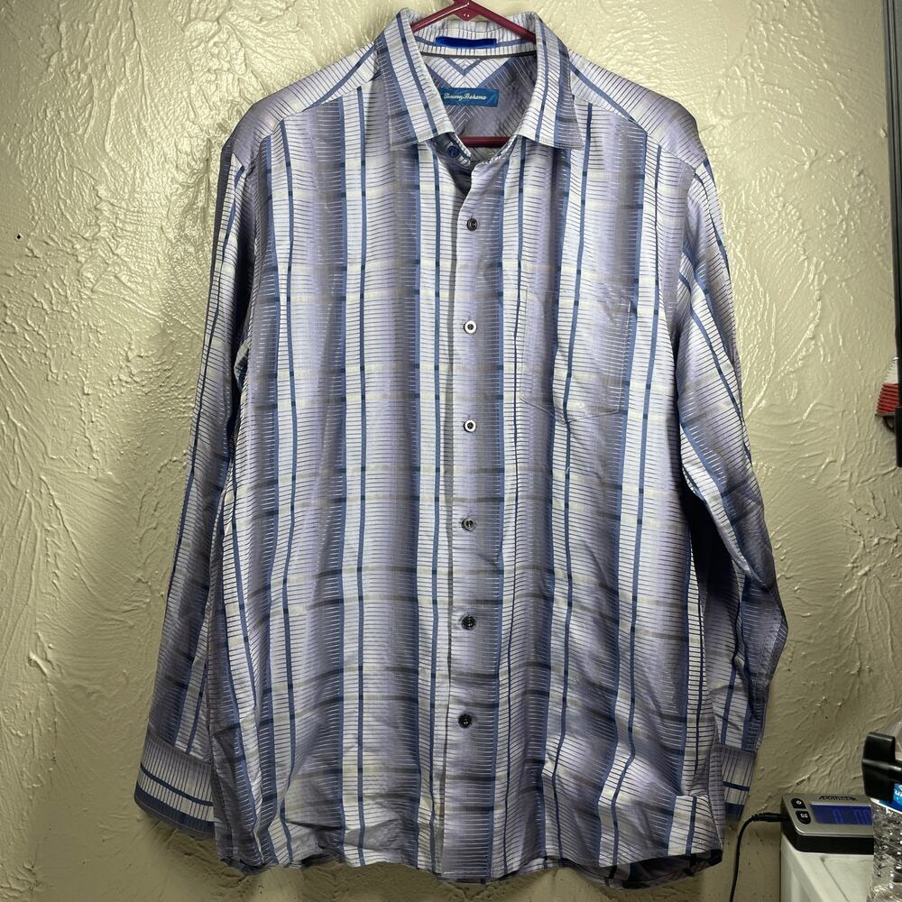 Tommy Bahama White purple Long Sleeve Button Up Silk Striped Shirt Mens Large